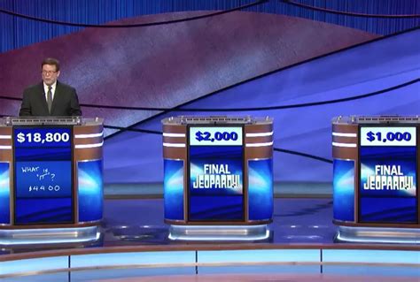 Statistics after the Jeopardy round: Ben 14 correct 1 incorrect Erica 6 correct 0 incorrect Chris 5 correct 2 incorrect. Scores after the Jeopardy! Round: Ben $10,400 Erica $3,600 ... Today’s box score: May 19, 2023 Box Score. Final Jeopardy! wagering suggestions: (Scores: Ben $12,400 Erica $4,800 Chris …
